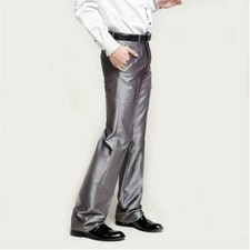 Men Bell Bottom Pants 60s 70s Vintage Flare Formal Dress Trouser Shiny Slim Soft