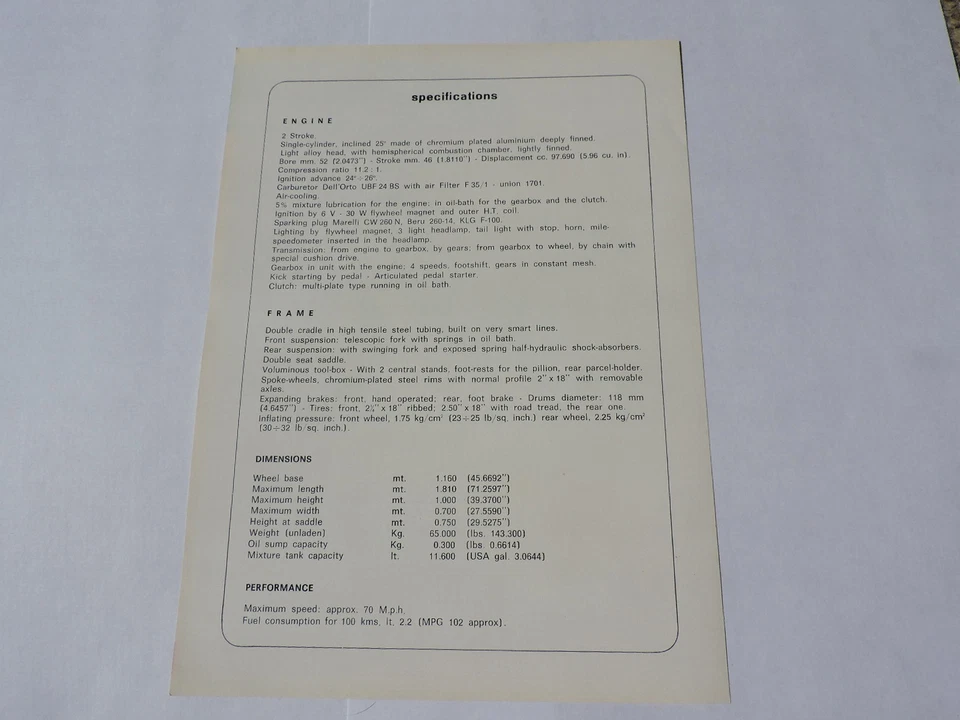 DUCATI CADET 100cc 1966 4 velocidades folleto especificaciones folleto Foto 2 de 2