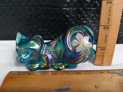Fenton S. Hopkins Hand Painted Floral Blue Carnival Glass Pouncing