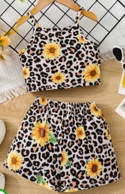 NWOT GIRLS 2 PIECE LEOPARD & SUNFLOWER CAMI TOP & SHORTS - SZ. 4/5, 5/6 & 7/8