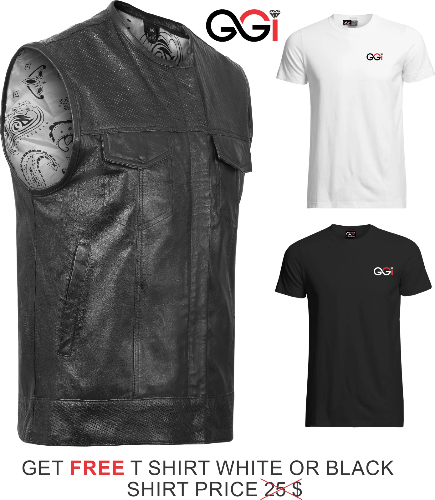Get Geared Stylish Premium Men's Biker Perforated Leather Vest Sublimated Liner