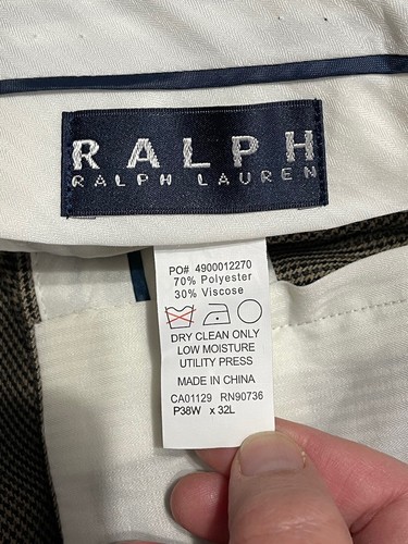 Ralph Ralph Lauren Mens 38x32 Brown Tan Houndstooth Pleated Cuffed Dress Pants - Picture 5 of 9