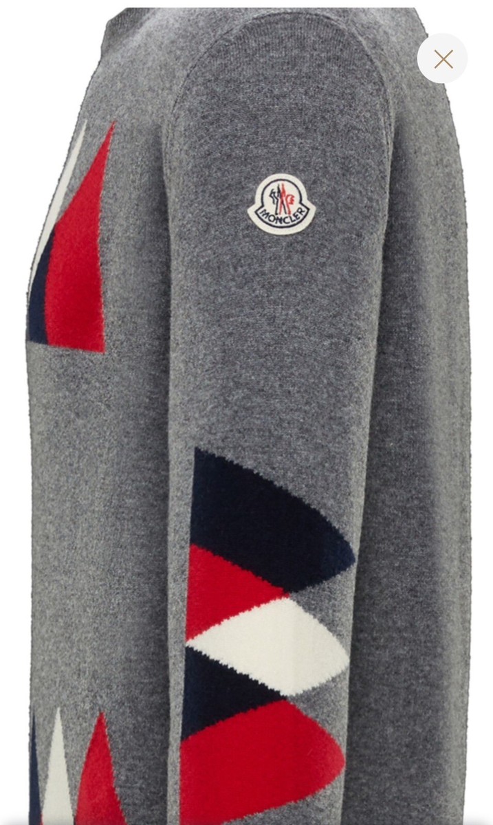 Moncler Men's Grey Geometric Pattern Knitted Crewneck