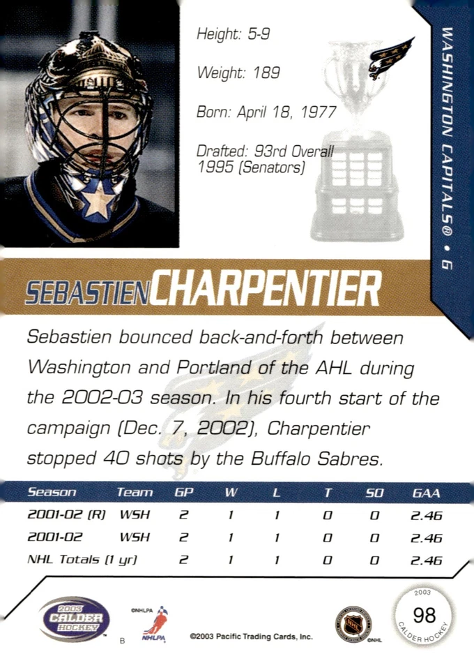Sebastien Charpentier - Signed 2002-03 Pacific Calder Hockey Rookie Card #98 - Image 2 of 2