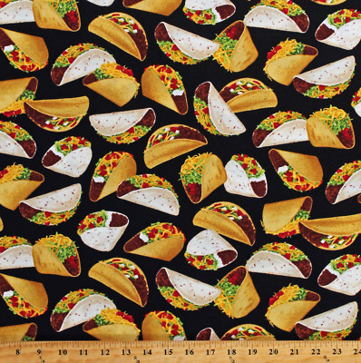Cotton Tacos Mexican Food on Black Cotton Fabric Print by the Yard (D783.53)