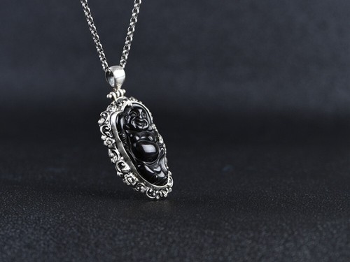 I05 Pendant Buddha Maitreya Black Obsidian Sterling Silver 925 - Imagen 4 de 8