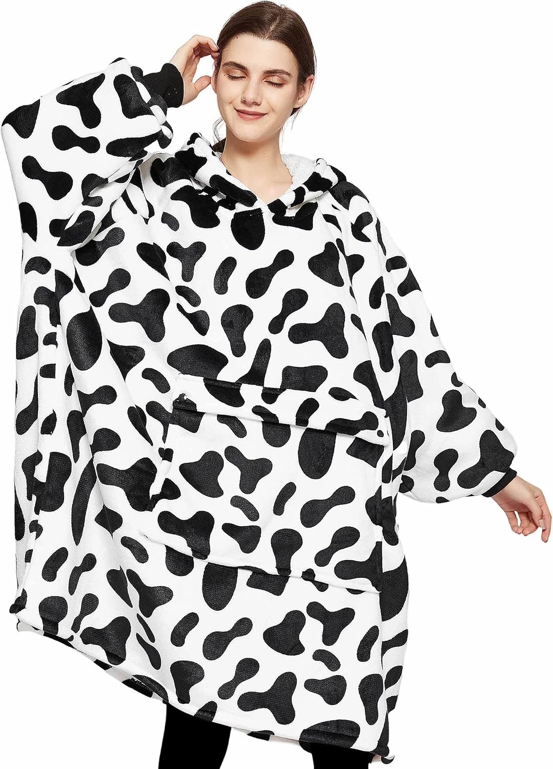 KFUBUO Wearable Blanket Hoodie for Adults Sherpa All Adult, Printing-dairycow 