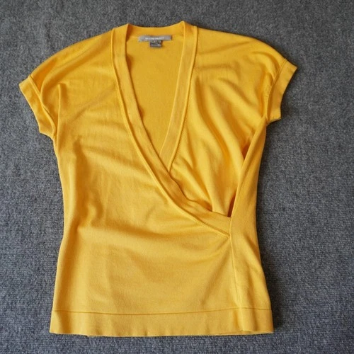 Ellen Tracy Top Womens Small Yellow Silk Blend Wrap V Neck Short Sleeve