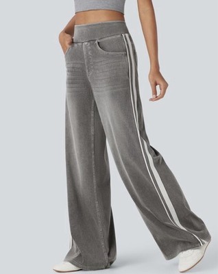 Halara Flex High-Waisted Wide Leg Side Stripe Denim-Look Pants - Grey XL