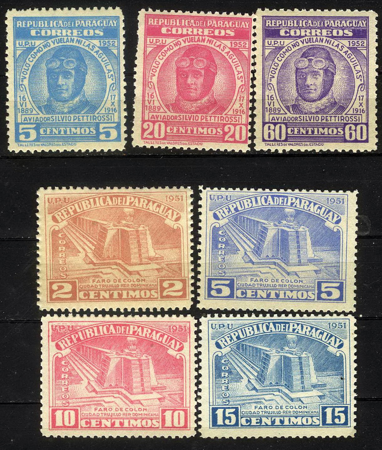 Paraguay 1952 Columbus Lighthouse & Aviator MLH (SC# 467-470' 474-475, 477)