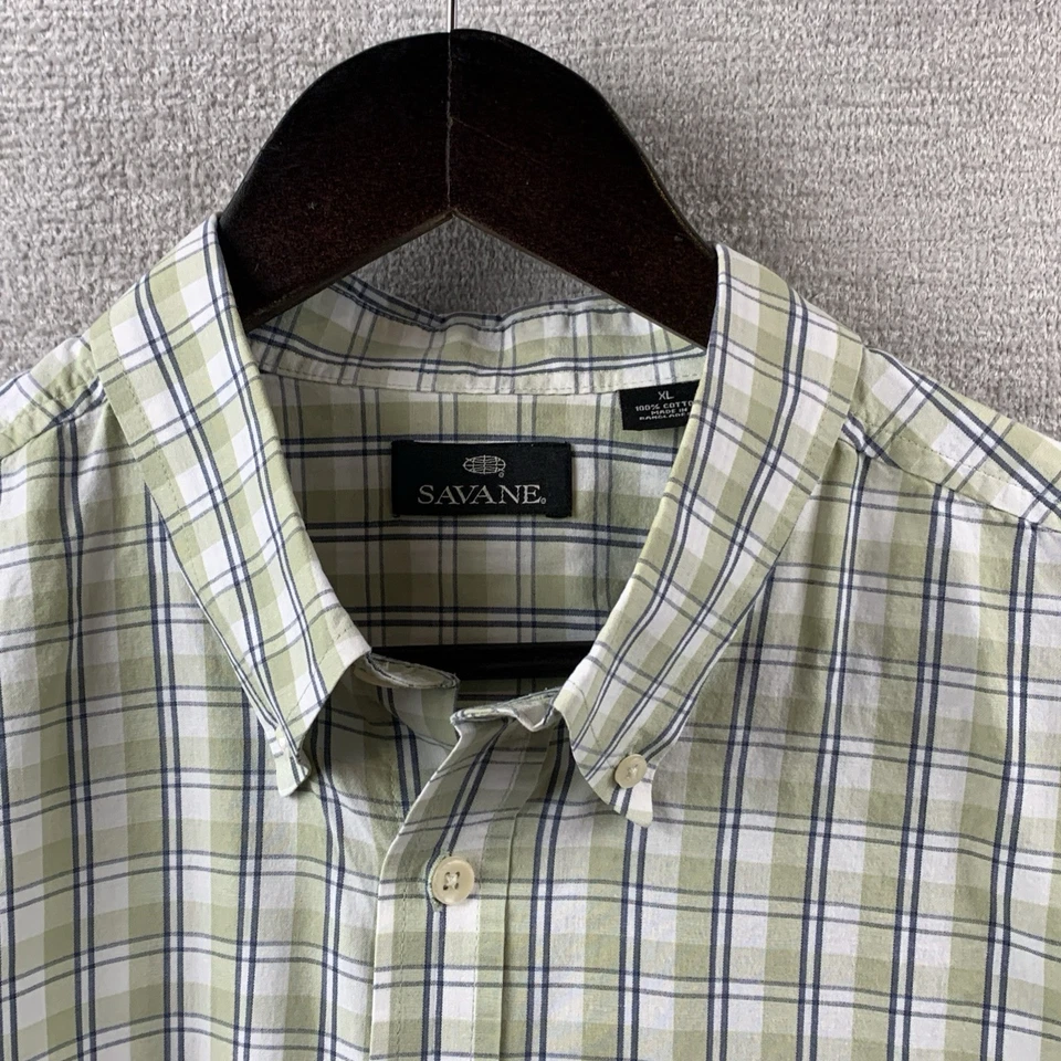 Camisa con botones SAVANE para hombre talla XL verde salvia a cuadros SS informal 100 % algodón papá Foto 4 de 4