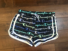 CHAMPION Girls 14-16 All Over Print Varsity Shorts Black Logo Lightweight