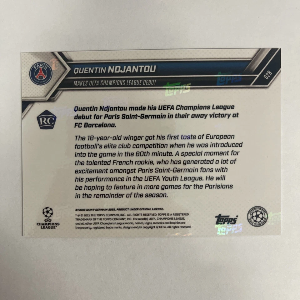 2025 Topps Now UEFA UCL Quentin Ndjantou #28 RC Rookie UCL debut rojo 4/5 PSG Foto 2 de 3