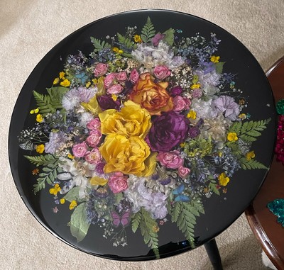 Beautiful Handcrafted Unique FLORAL ROUND TABLE made with REAL FLOWERS Yellow