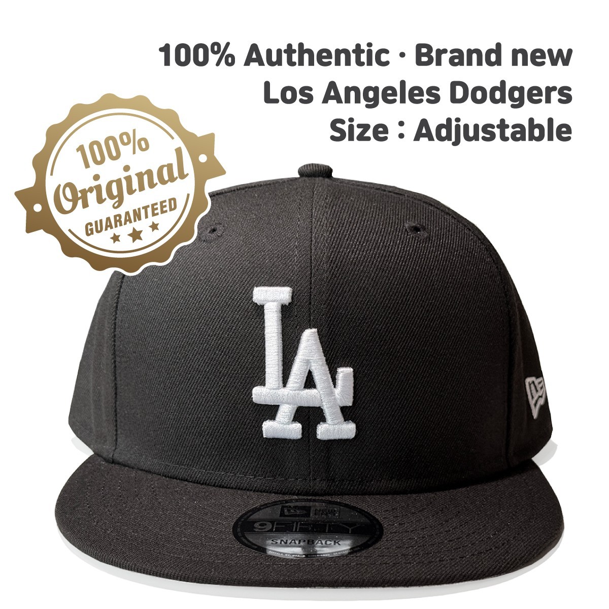 New Era 9FIFTY LA Dodgers Snapback Hat - Black, Adjustable, Authentic