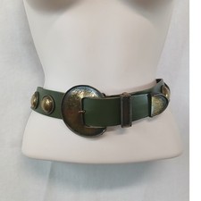 Ginnie Johansen Dallas Vintage Olive Green Leather Western Belt Brass Concho 37