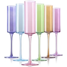 Physkoa Colored Champagne Flutes Set 6 - Glass Champagne Glasses with Multi C...