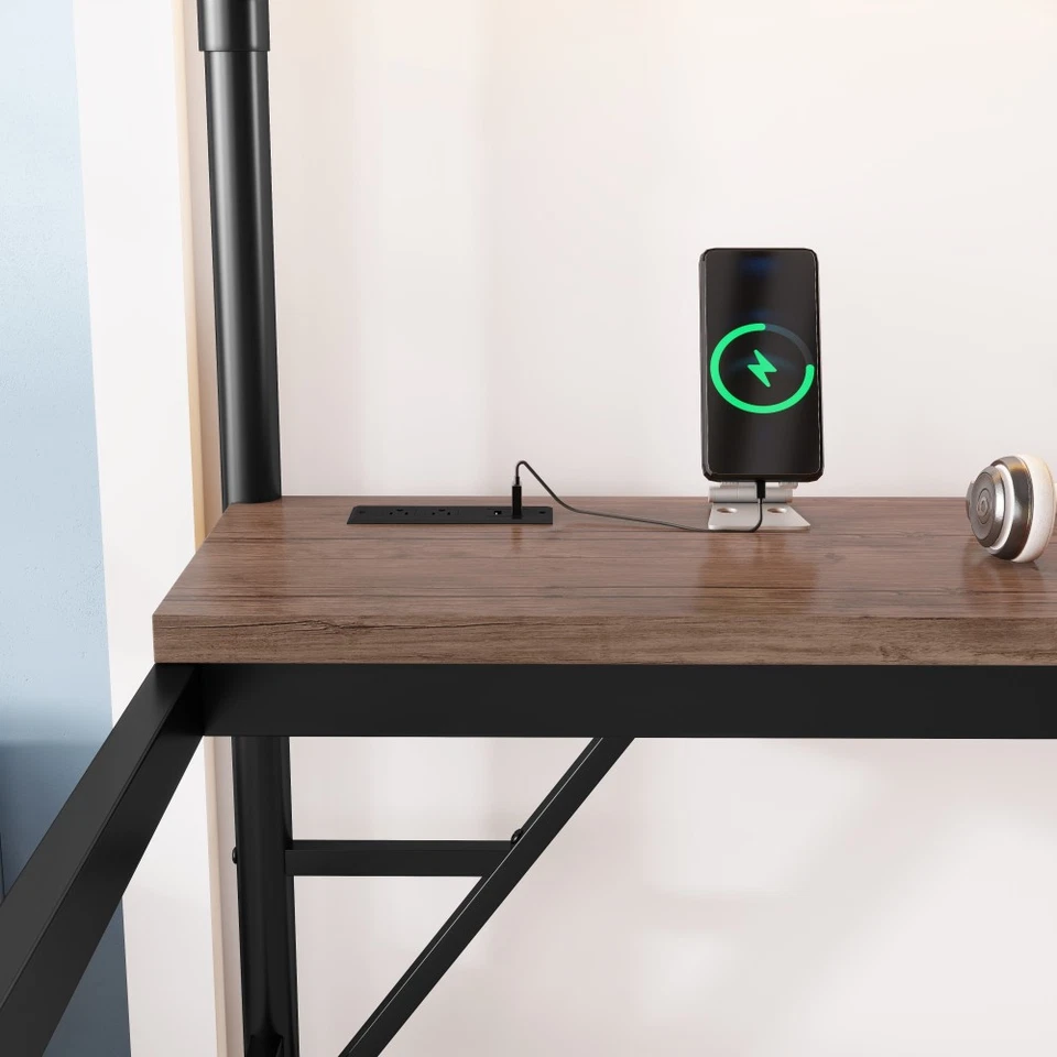 Full Size Metal Loft Bed W Desk Metal Loft Bed W LED Light Charge Station - Image 4 of 4