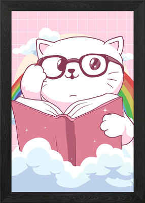 Kawaii Cat Book Reader Framed Wall Art Poster Canvas Print Picture
