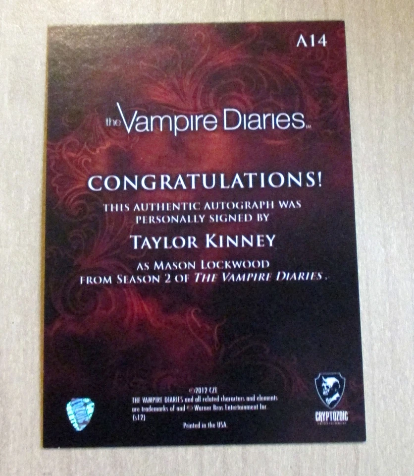 2013 Cryptozoic Vampire Diaries Season 2 autograph auto Taylor Kinney MASON A14 - Image 2 of 2