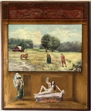 VINTAGE RECLINING FIGURATIVE WOMAN LANDSCAPE IMPRESSIONIST OIL PAINTING 1973