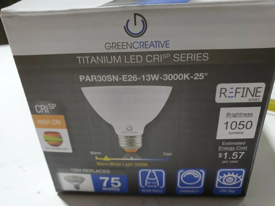 6) Green Creative 13W LED Light Bulbs Dimmable Flood PAR30 Short Neck 3000K 25° - Image 4 of 4