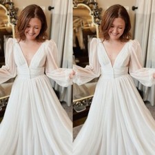 Long Sleeves Chiffon Wedding Dresses V Neck A Line White/Ivory Boho Bridal Gowns