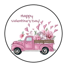30 VALENTINE STICKERS ENVELOPE SEALS LABELS 1.5" ROUND TRUCK HEARTS FLOWERS