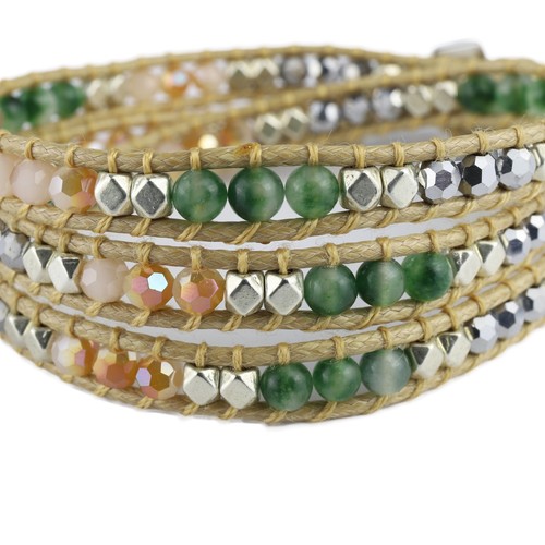 Bracciale Katie Soleil con perline 3 avvolgimenti, corda beige, sempreverde, ambra, perle argento - Foto 2 di 3
