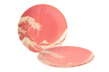 Mino ware Japanese Ceramics Big Wave & Mt. Fuji Red Plate Set of Two