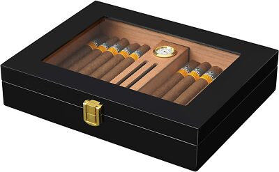 Wooden Humidor Box For Cigar W/ Hygrometer Humidifier Portable Cedar Wood Case