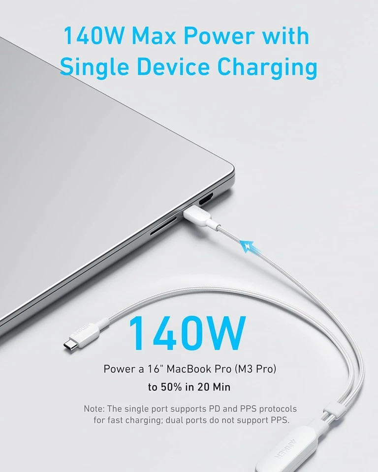 Anker 2-in-1 USB C to USB C Cable 4ft Braided 140W Fast Charging for iPhone 16 - Image 3 of 4