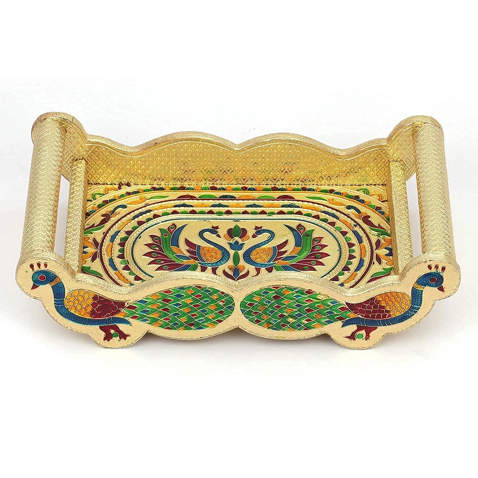 Meenakari Peacock Design 6 Glass with Wooden Golden Meenakari Tray - Image 2 of 3