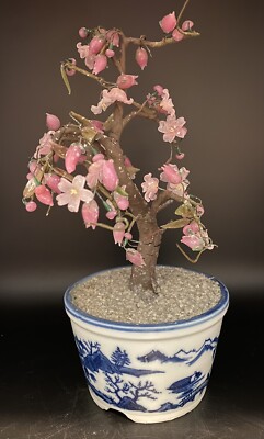 Vtg Pink Glass & Jade Cherry Blossom Bonsai 2.25” White