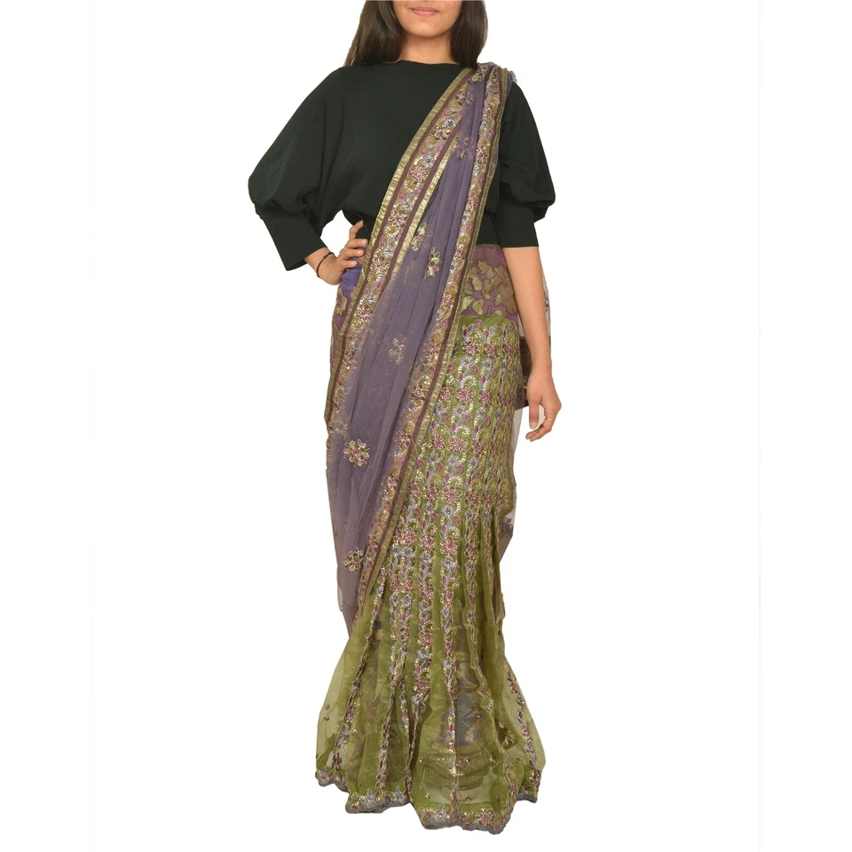 Sánscrito Sánscrito Vintage Púrpura/Verde Bordado Red Malla Tela Lino Foto 3 de 4