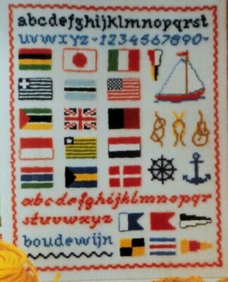 Cross Stitch Pattern NAUTICAL SAMPLER Flags Knots Sailboat Anchor Wheel Alphabet