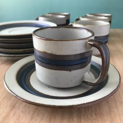 Set of 6 Otagiri Horizon Stoneware Cup Saucer Blue Brown Grey Coffee Tea Mug MCM