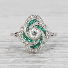 Art Deco Round Lab Created Diamond & Emerald Wedding 14Ct White Gold Finish Ring