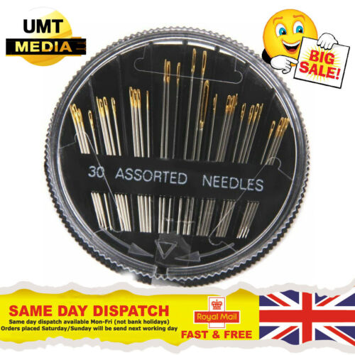 Assorted Hand Sewing NEEDLES -  Embroidery Mending Craft Quilt Case Sew 30pcs UK - Foto 1 di 11