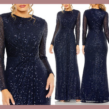 NEW $398 IEENA Mac Duggal [ 16 ] Sequined Long Sleeve Side Knot Gown Blue J219