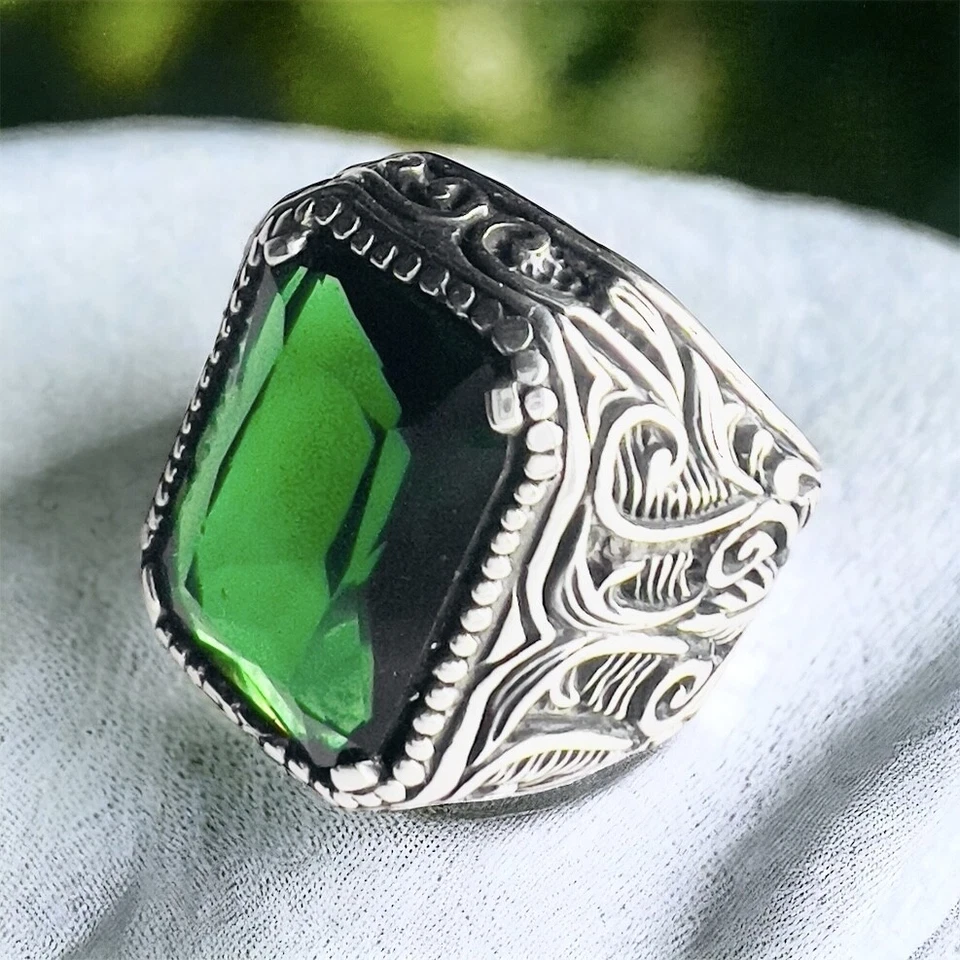 925 Argento Sterling Verde Zircone Floreale Lusso Design Uomo Anello - Immagine 2 di 4