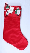 Red Satin Christmas Stocking Snowmen Embroidered Applique 19" New Old Stock