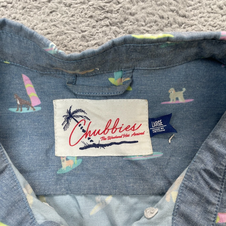 Chubbies Shirt Mens Large Gray Dogs On Surfboard And Sailboats All Over Hawaiian - Image 3 of 4