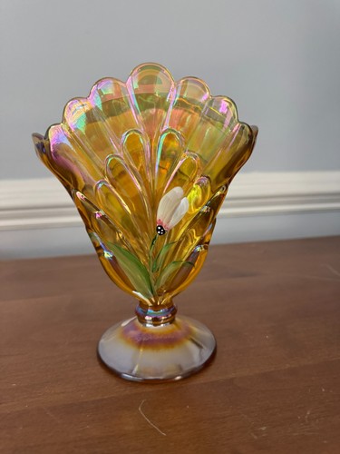 Fenton Autumn Gold Glass Plume Fan Vase Bumble Bee Hand Painted J. Burkhart QVC - Picture 2 of 3