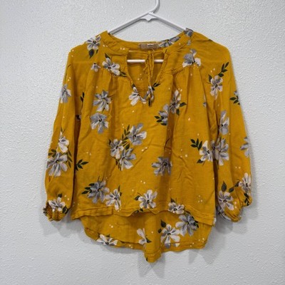 LoveStitch Yellow Floral Print Keyhole Neck 3/4 Sleeve Top Size S
