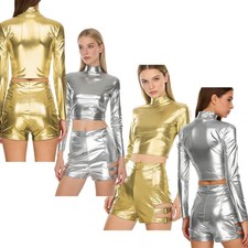 Womens Sets Party Dancewear Musical Outfit 2 Piece Metallic Dance Shiny Cutout