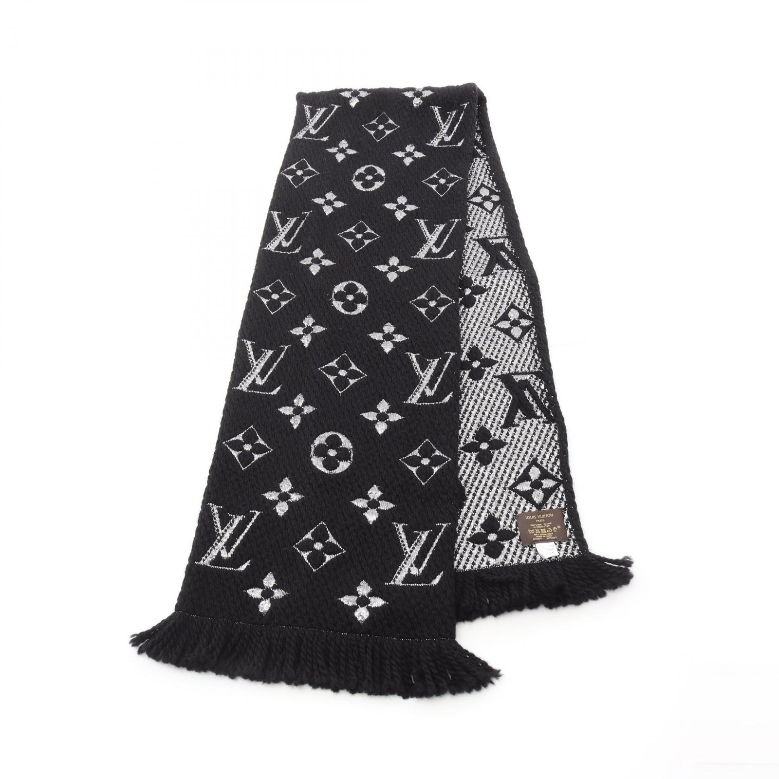 LOUIS VUITTON Logomania Monogram Scarf M75833 Black Wool Silk Preowned LV