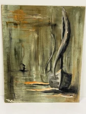 20"x16” Abstract Painting On Canvas Sail Boats Sunset Earthly Vtg Artist RH?