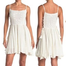 RAGA Embroidered Lace Up Cut Out Mini Dress in White Size M