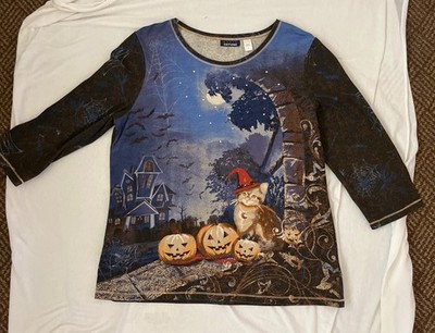 Halloween Women s Small Cat Pumpkins Bats Haunted House 3/4 Sleeve Top Costume